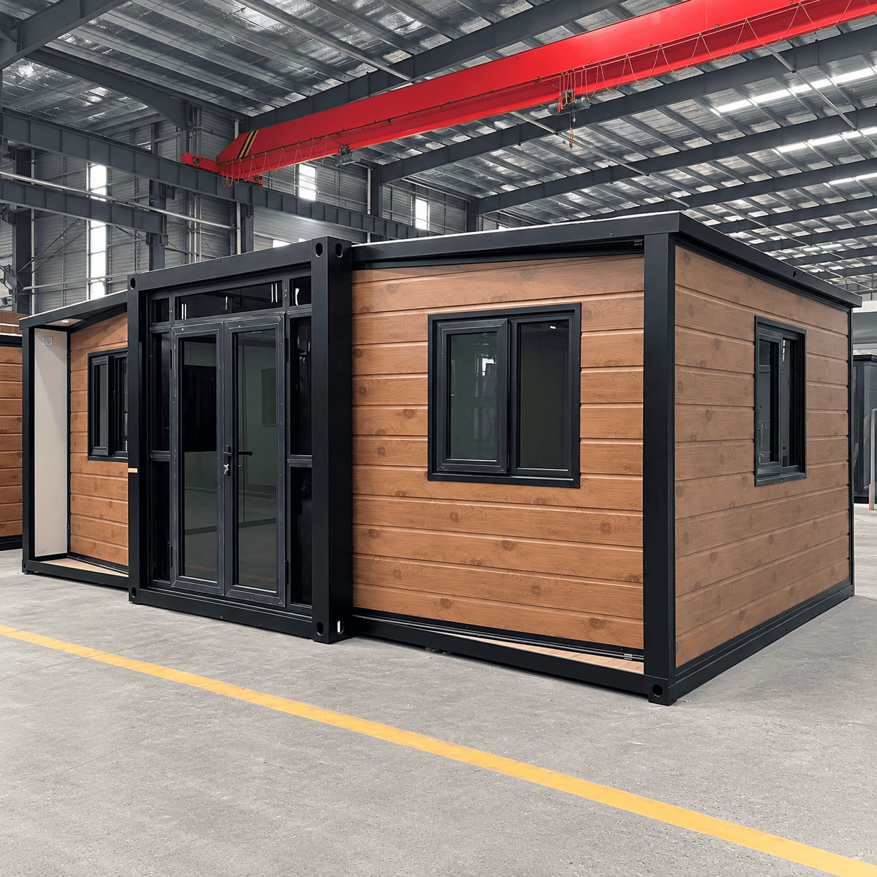 Rumah Kontena Boleh Dibesarkan 15 kaki Kotak Casa | Prefab Bijian Kayu Bingkai Hitam
